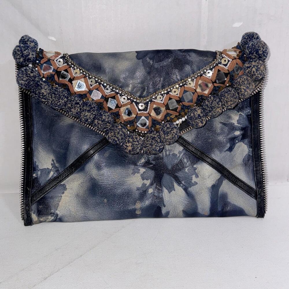 Rebecca Minkoff Dreamy Pom Leo Blue Leather Envelope Tie Dye Bohemian‎ Clutch